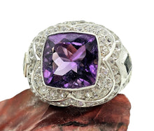 Load image into Gallery viewer, Amethyst, Green Tourmaline &amp; White Zircon Ring, Size 8.25, Sterling Silver, Genuine Gemstones, Vintage Style