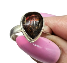 Load image into Gallery viewer, Red Ammolite Ring, Size 6 3/4, Sterling Silver, Pear Shaped, Opal like Gemstone, Fossilized Shell of Ammonite - GemzAustralia 