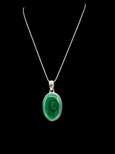 Load image into Gallery viewer, Large Oval Malachite Pendant, Sterling Silver, Beautiful Rich Green Gemstone, Bezel Setting, Visionary Gem - GemzAustralia 
