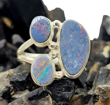 Load image into Gallery viewer, Australian Opal Ring with three Stones, October Birthstone, Size N, Sterling Silver, Aura Gem, Psychic Gem - GemzAustralia 