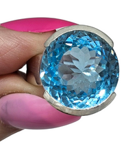 Load image into Gallery viewer, AAA Swiss Blue Topaz Ring, Size O 1/2, Sterling Silver, 28 Carats, Round Facet, Stone of Love - GemzAustralia 