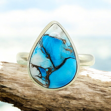 Load image into Gallery viewer, Ice Blue Dahlia Turquoise Ring, Size 10.75, Sterling Silver, Pear Shape, Copper Turquoise, Protection, Love Stone - GemzAustralia 