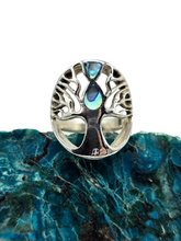 Load image into Gallery viewer, Paua Shell Tree of Life Ring, Sterling Silver, Green &amp; Blue Shell, Size N, Abalone Ring, Brings the Wearer Prosperity - GemzAustralia 