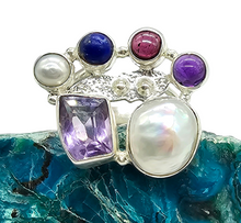 Load image into Gallery viewer, Handcrafted Statement Amethyst, Pearl, Garnet, Lapis Lazuli Ring, Size 7.5, Sterling Silver - GemzAustralia 