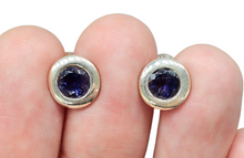 Load image into Gallery viewer, Iolite Studs, Water Sapphire, Round Faceted, Sterling Silver, Blue Violet Gemstone, Connects to Angels, Viking's Compass - GemzAustralia 