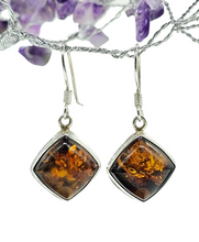 Load image into Gallery viewer, Baltic Amber Earrings, Diamond Shape, millions of years old, Sterling Silver, Fossilized Tree Resin, Cognac Amber - GemzAustralia 