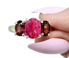 Load image into Gallery viewer, Ruby &amp; Garnet Three Stone Ring, Size 9, Sterling Silver, July and January Birthstones, Energy Stone - GemzAustralia 