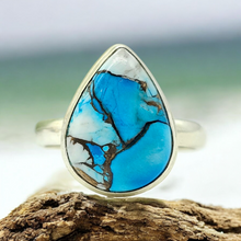 Load image into Gallery viewer, Ice Blue Dahlia Turquoise Ring, Size 10.75, Sterling Silver, Pear Shape, Copper Turquoise, Protection, Love Stone - GemzAustralia 