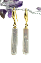 Load image into Gallery viewer, Long Rectangle Biwa Pearl Earrings, Gold Plated Sterling Silver, June Birthstone, Highly Lustrous Pearls, Freshwater Pearls, Japanese - GemzAustralia 