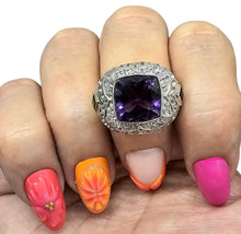 Load image into Gallery viewer, Amethyst, Green Tourmaline &amp; White Zircon Ring, Size 8.25, Sterling Silver, Genuine Gemstones, Vintage Style