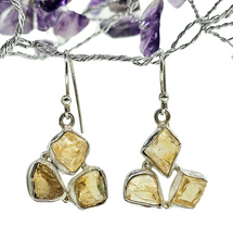 Load image into Gallery viewer, Raw Citrine Earrings, November Birthstone, Sterling Silver, Rough Gemstones, 3 Stone dangle, Stone of Abundance, Money Stone - GemzAustralia 