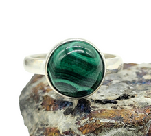 Load image into Gallery viewer, Round Malachite Ring, Size P 1/2, Sterling Silver, Rich Green Gemstone, Bezel Set, Visionary Stone, Warns of Danger - GemzAustralia 