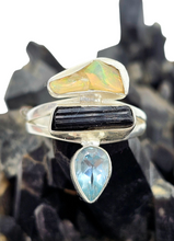 Load image into Gallery viewer, Opal, Black Tourmaline &amp; Blue Topaz Ring, Sterling Silver, Rough Gemstones, Three Stone ring, Size Q - GemzAustralia 