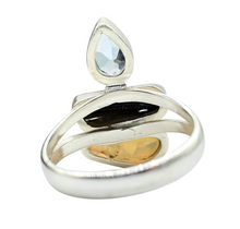 Load image into Gallery viewer, Opal, Black Tourmaline &amp; Blue Topaz Ring, Sterling Silver, Rough Gemstones, Three Stone ring, Size Q - GemzAustralia 