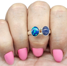 Load image into Gallery viewer, Australian Opal &amp; Blue Kyanite Ring, Size 8.5, Sterling Silver, Toi et Moi Design, Blue Green Opal - GemzAustralia 