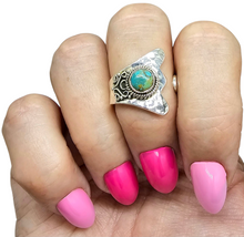 Load image into Gallery viewer, Blue Green Turquoise Ring, Adjustable, Sterling Silver, Round Shaped, Protection Stone, Love Stone, December Birthstone - GemzAustralia 