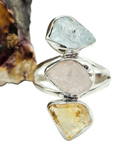 Load image into Gallery viewer, Raw Aquamarine, Rose Quartz &amp; Citrine Ring, Size 7, Sterling Silver, March and November Birthstones, Rough Gemstones, Three Stone Ring - GemzAustralia 
