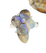 Load image into Gallery viewer, Boulder Opal Ring in a floral design, Size O 1/2, Solid Opal, Australian Opal, Sterling Silver, October Birthstone - GemzAustralia 