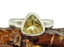 Load image into Gallery viewer, Trillion Faceted Lemon Quartz Ring, 925 Sterling Silver, Size 6, Solitaire Ring, Mental Clarity, Confidence Stone - GemzAustralia 