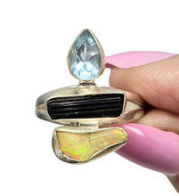 Load image into Gallery viewer, Opal, Black Tourmaline &amp; Blue Topaz Ring, Sterling Silver, Rough Gemstones, Three Stone ring, Size Q - GemzAustralia 