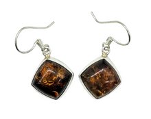 Load image into Gallery viewer, Baltic Amber Earrings, Diamond Shape, millions of years old, Sterling Silver, Fossilized Tree Resin, Cognac Amber - GemzAustralia 