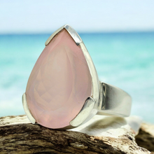 Load image into Gallery viewer, Rose Quartz Ring, Size 6.75, Sterling Silver, Pear Shape, 20 Carats, Love Stone, Unconditional Love, Pink Gem - GemzAustralia 