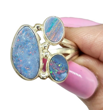 Load image into Gallery viewer, Australian Opal Ring with three Stones, October Birthstone, Size N, Sterling Silver, Aura Gem, Psychic Gem - GemzAustralia 