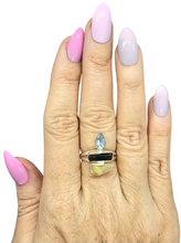 Load image into Gallery viewer, Opal, Black Tourmaline &amp; Blue Topaz Ring, Sterling Silver, Rough Gemstones, Three Stone ring, Size Q - GemzAustralia 