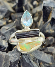 Load image into Gallery viewer, Opal, Black Tourmaline &amp; Blue Topaz Ring, Sterling Silver, Rough Gemstones, Three Stone ring, Size Q - GemzAustralia 