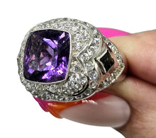 Load image into Gallery viewer, Amethyst, Green Tourmaline &amp; White Zircon Ring, Size 8.25, Sterling Silver, Genuine Gemstones, Vintage Style