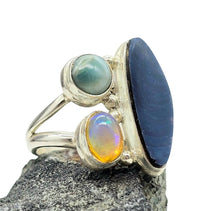 Load image into Gallery viewer, Australian Opal, Larimar &amp; African Opal Ring, Size 6, Sterling Silver, Three Stone Ring, Aura Gem, Psychic Gemstone, October Birthstone