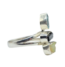 Load image into Gallery viewer, Opal, Black Tourmaline &amp; Blue Topaz Ring, Sterling Silver, Rough Gemstones, Three Stone ring, Size Q - GemzAustralia 