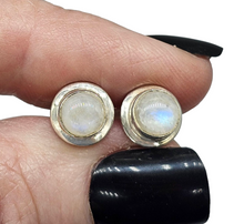 Load image into Gallery viewer, Round Rainbow Moonstone Studs, June Birthstone, Sterling Silver, Goddess Stone, Protection Stone, Love Rock, Psychic Gem - GemzAustralia 