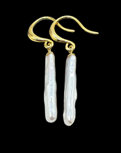 Load image into Gallery viewer, Long Rectangle Biwa Pearl Earrings, Gold Plated Sterling Silver, June Birthstone, Highly Lustrous Pearls, Freshwater Pearls, Japanese - GemzAustralia 