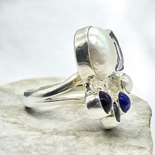 Load image into Gallery viewer, Handcrafted Statement Amethyst, Pearl, Garnet, Lapis Lazuli Ring, Size 7.5, Sterling Silver - GemzAustralia 