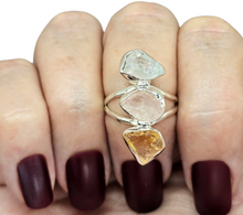 Load image into Gallery viewer, Raw Aquamarine, Rose Quartz &amp; Citrine Ring, Size 7, Sterling Silver, March and November Birthstones, Rough Gemstones, Three Stone Ring - GemzAustralia 