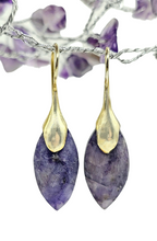 Load image into Gallery viewer, Blue Sapphire Earrings, Gold Plated Sterling Silver, September Birthstone, Marquise Checkerboard Faceted, Wisdom Stone - GemzAustralia 