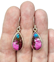 Load image into Gallery viewer, Oyster Turquoise &amp; Pink Opal Earrings, Sterling Silver, Pear Shaped, Hot Pink Gemstone, Spiny Oyster Shell, Courage Stone - GemzAustralia 