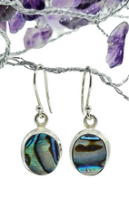 Load image into Gallery viewer, Paua Shell Earrings, Sterling Silver, Abalone Shell, Dangly Oval Drops, Prosperity, Peace, Good Luck &amp; Strength, New Zealand Paua Shell - GemzAustralia 