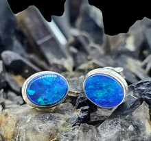 Load image into Gallery viewer, Australian Opal Studs, October Birthstone, Sterling Silver, Blue Green Opal Doublets, Love and Passion Stone, Genuine Gemstones - GemzAustralia 