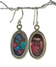 Load image into Gallery viewer, Oval Shaped, Oyster Turquoise &amp; Pink Opal Earrings, Sterling Silver, Hot Pink Gemstone, Spiny Oyster Shell, Courage Stone - GemzAustralia 