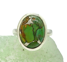 Load image into Gallery viewer, Green Mojave Turquoise Ring, Size 8, Sterling Silver, Oval Shape, Protection Stone, Goddess Stone - GemzAustralia 