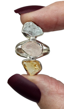 Load image into Gallery viewer, Raw Aquamarine, Rose Quartz &amp; Citrine Ring, Size 7, Sterling Silver, March and November Birthstones, Rough Gemstones, Three Stone Ring - GemzAustralia 