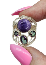Load image into Gallery viewer, Charoite &amp; Mystic Topaz Ring, Size 7, Sterling Silver, Statement Piece, Four Stone Ring, Wearable Art - GemzAustralia 
