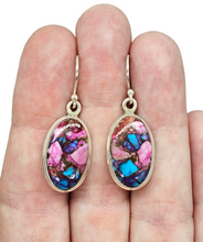 Load image into Gallery viewer, Oval Shaped, Oyster Turquoise &amp; Pink Opal Earrings, Sterling Silver, Hot Pink Gemstone, Spiny Oyster Shell, Courage Stone - GemzAustralia 