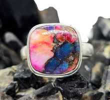 Load image into Gallery viewer, Square shaped Oyster Turquoise &amp; Pink Opal Ring, Size N, Sterling Silver, Love Stone, Copper Turquoise, Heart Chakra - GemzAustralia 