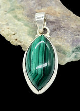 Load image into Gallery viewer, Malachite Pendant, Marquise Shape, Sterling Silver, Rich Green Gemstone, Bezel Setting, Visionary Gem, Warns of Danger - GemzAustralia 