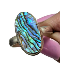 Load image into Gallery viewer, Statement Paua Shell Ring, Size 11, Sterling Silver, Long Oval Shape, Blue Green Abalone Shell, Prosperity Stone - GemzAustralia 