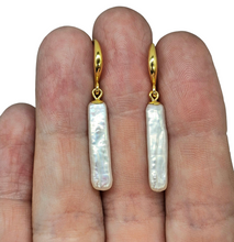 Load image into Gallery viewer, Long Rectangle Biwa Pearl Earrings, Gold Plated Sterling Silver, June Birthstone, Highly Lustrous Pearls, Freshwater Pearls, Japanese - GemzAustralia 