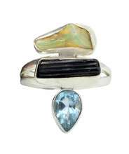 Load image into Gallery viewer, Opal, Black Tourmaline &amp; Blue Topaz Ring, Sterling Silver, Rough Gemstones, Three Stone ring, Size Q - GemzAustralia 